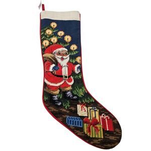 Deadstock Vintage 80s Needlepoint Christmas Stocking Santa Traditional Wool Red